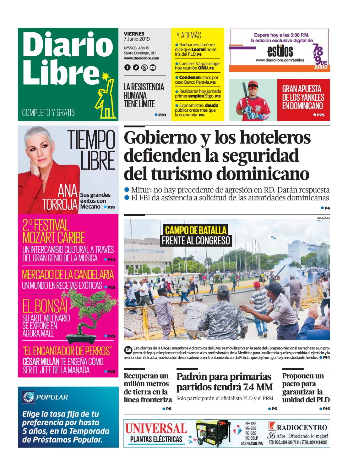 Portada Periódico Diario Libre, Viernes 07 Junio 2019