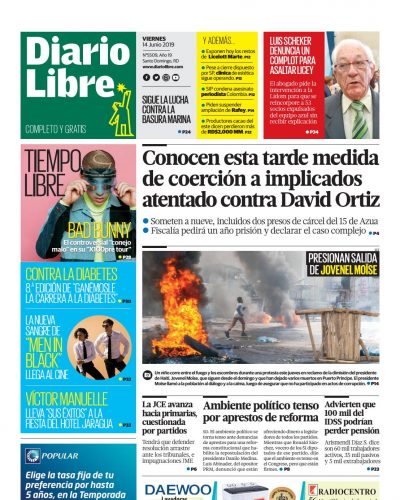 Portada Periódico Diario Libre, Viernes 14 Junio 2019