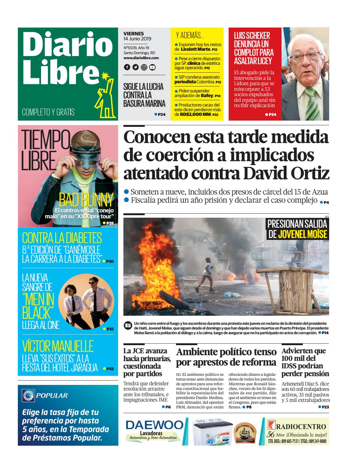 Portada Periódico Diario Libre, Viernes 14 Junio 2019