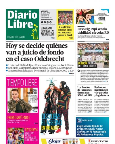 Portada Periódico Diario Libre, Viernes 21 Junio 2019
