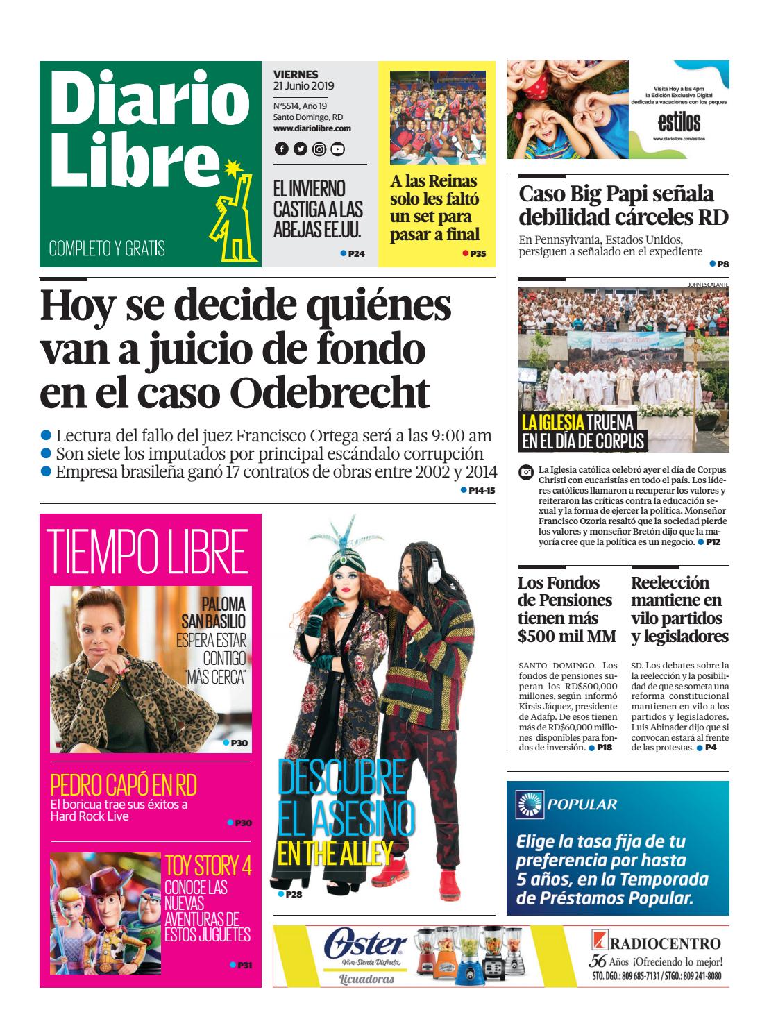 Portada Periódico Diario Libre, Viernes 21 Junio 2019