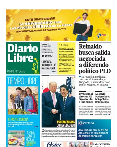 Portada Periódico Diario Libre, Viernes 28 Junio 2019