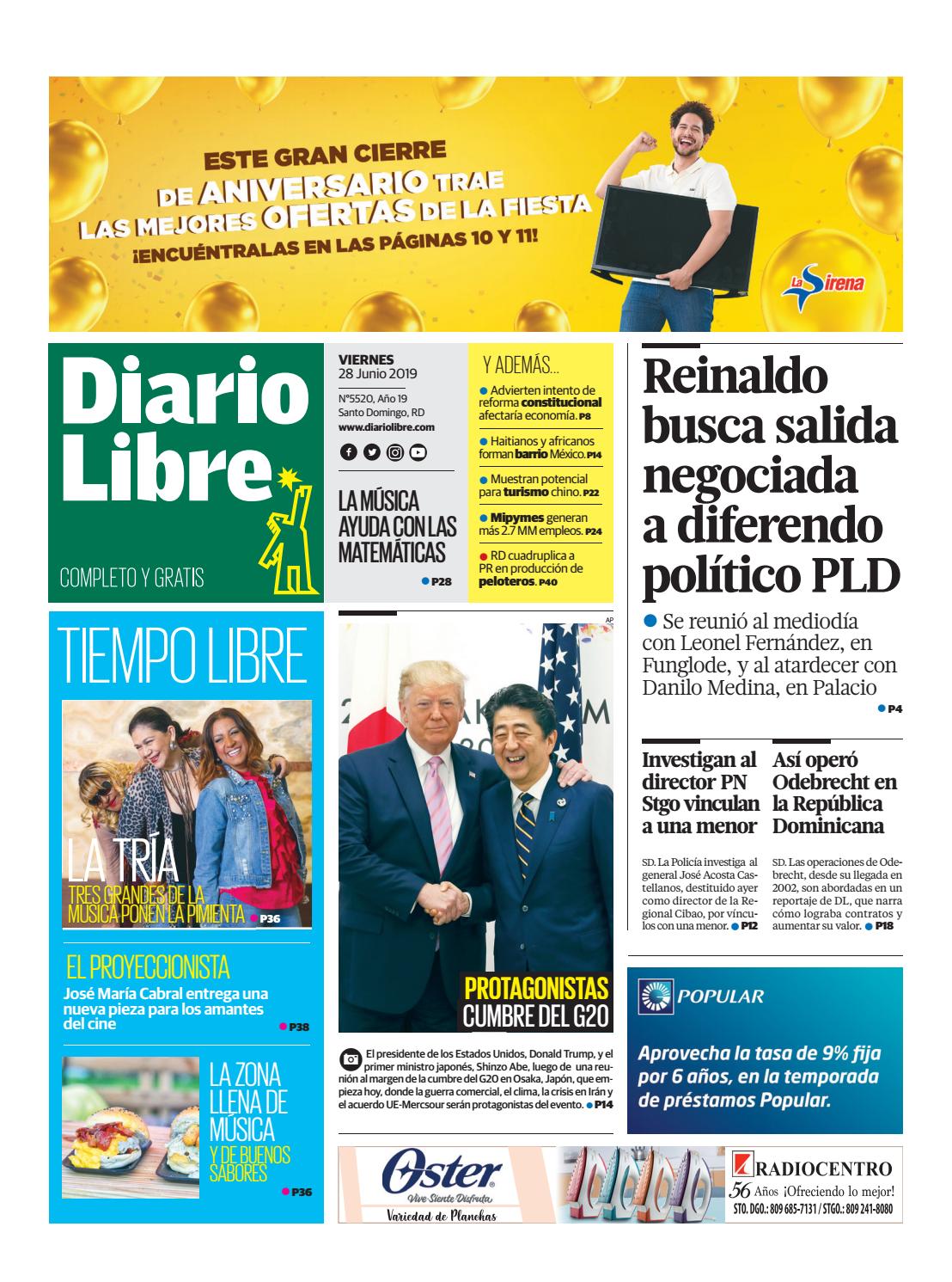 Portada Periódico Diario Libre, Viernes 28 Junio 2019