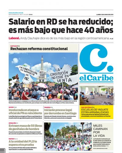 Portada Periódico El Caribe, Lunes 03 Junio 2019