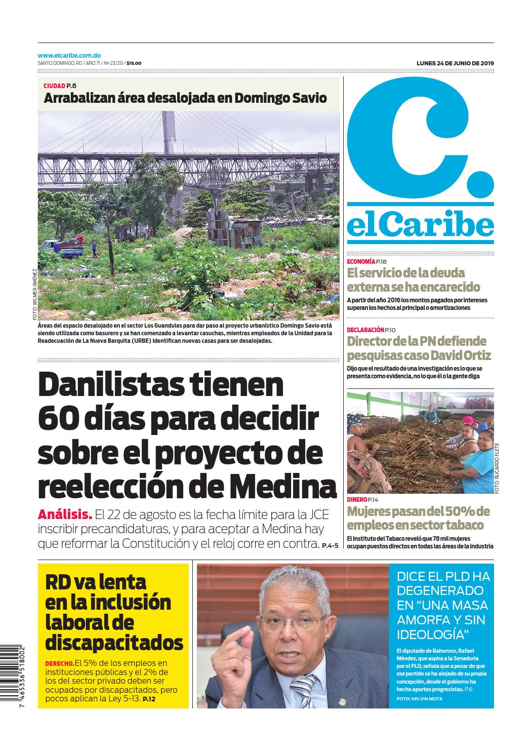 Portada Periódico El Caribe, Lunes 24 Junio 2019