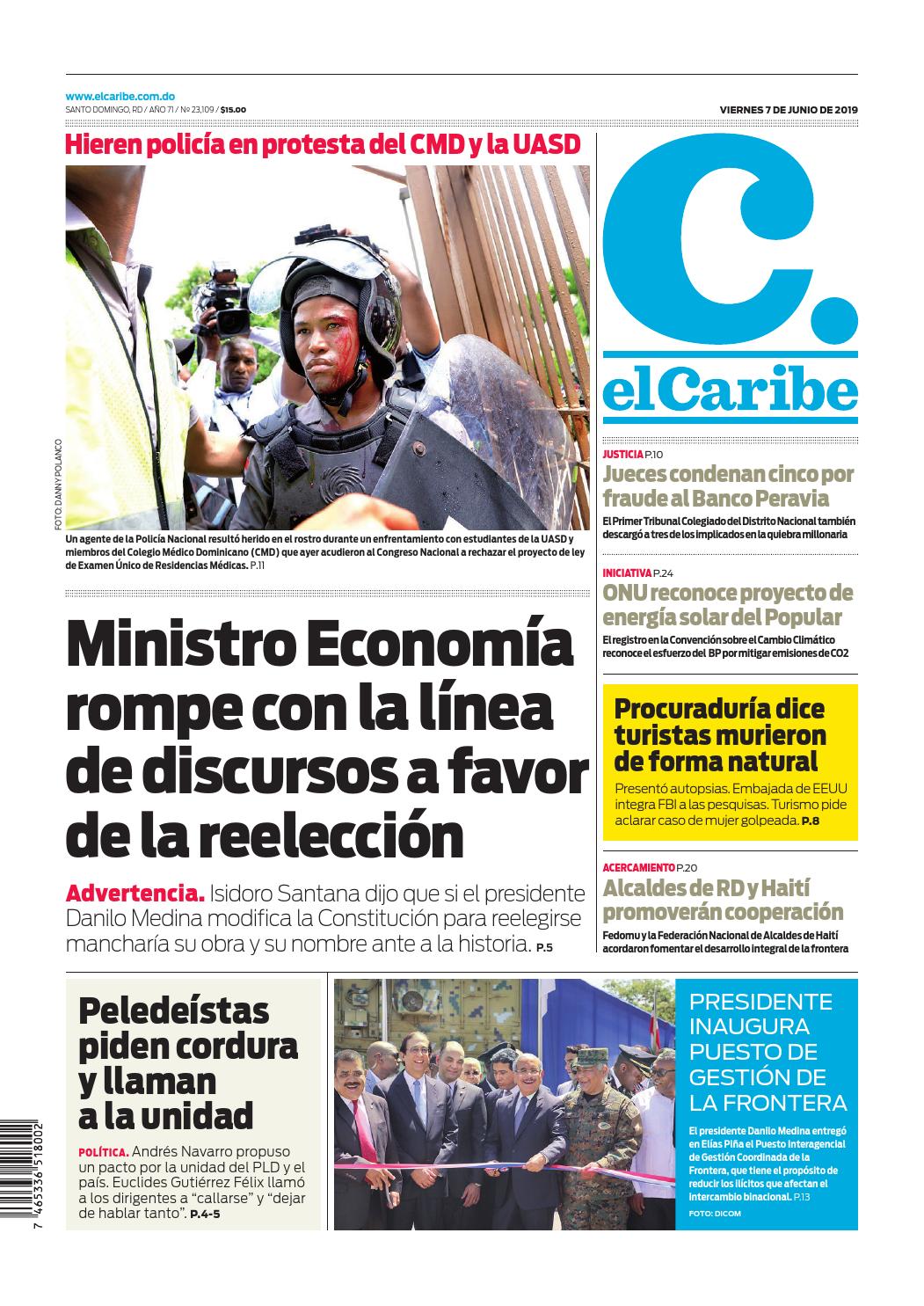 Portada Periódico El Caribe, Viernes 07 Junio 2019