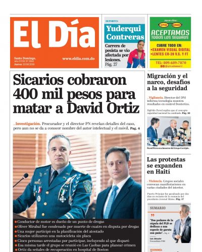 Portada Periódico El Día, Jueves 13 Junio 2019