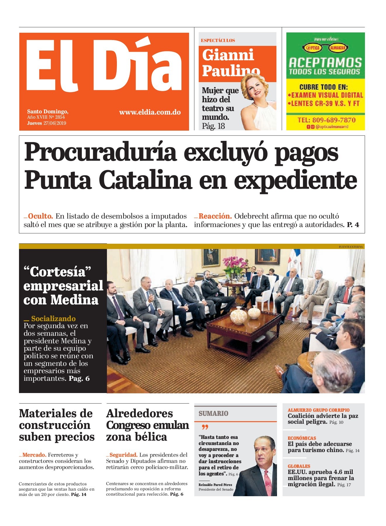 Portada Periódico El Día, Jueves 27 Junio 2019