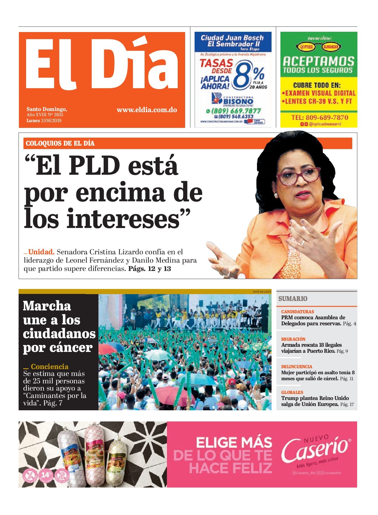 Portada Periódico El Día, Lunes 03 Junio 2019