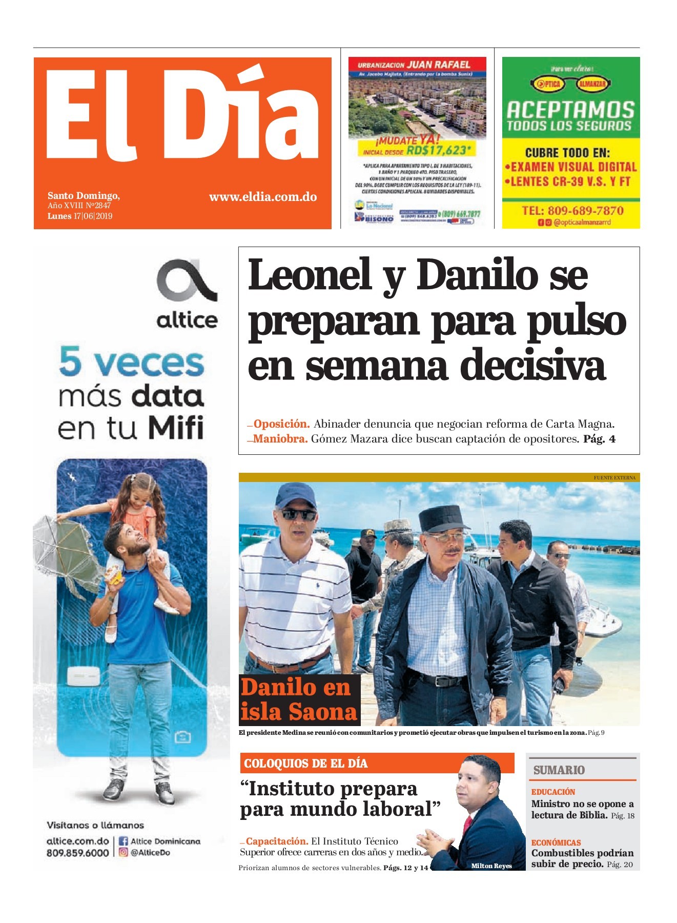 Portada Periódico El Día, Lunes 17 Junio 2019