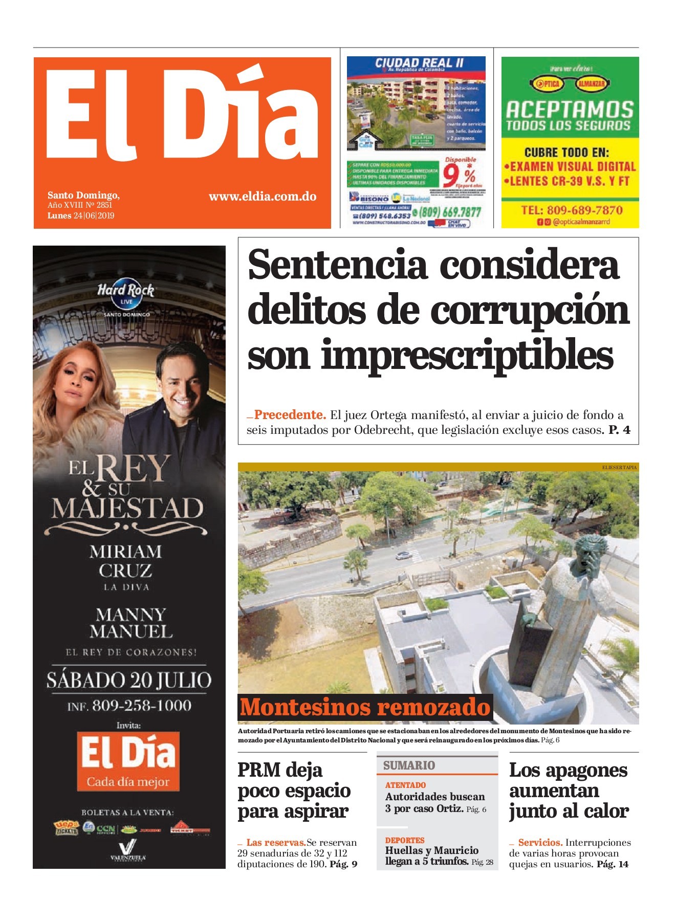 Portada Periódico El Día, Lunes 24 Junio 2019
