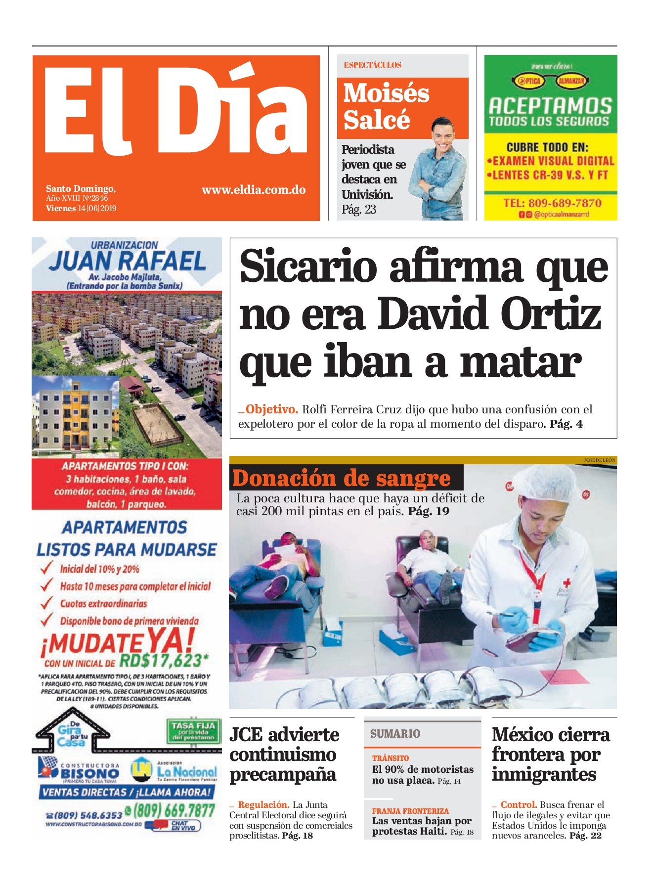 Portada Periódico El Día, Viernes 14 Junio 2019