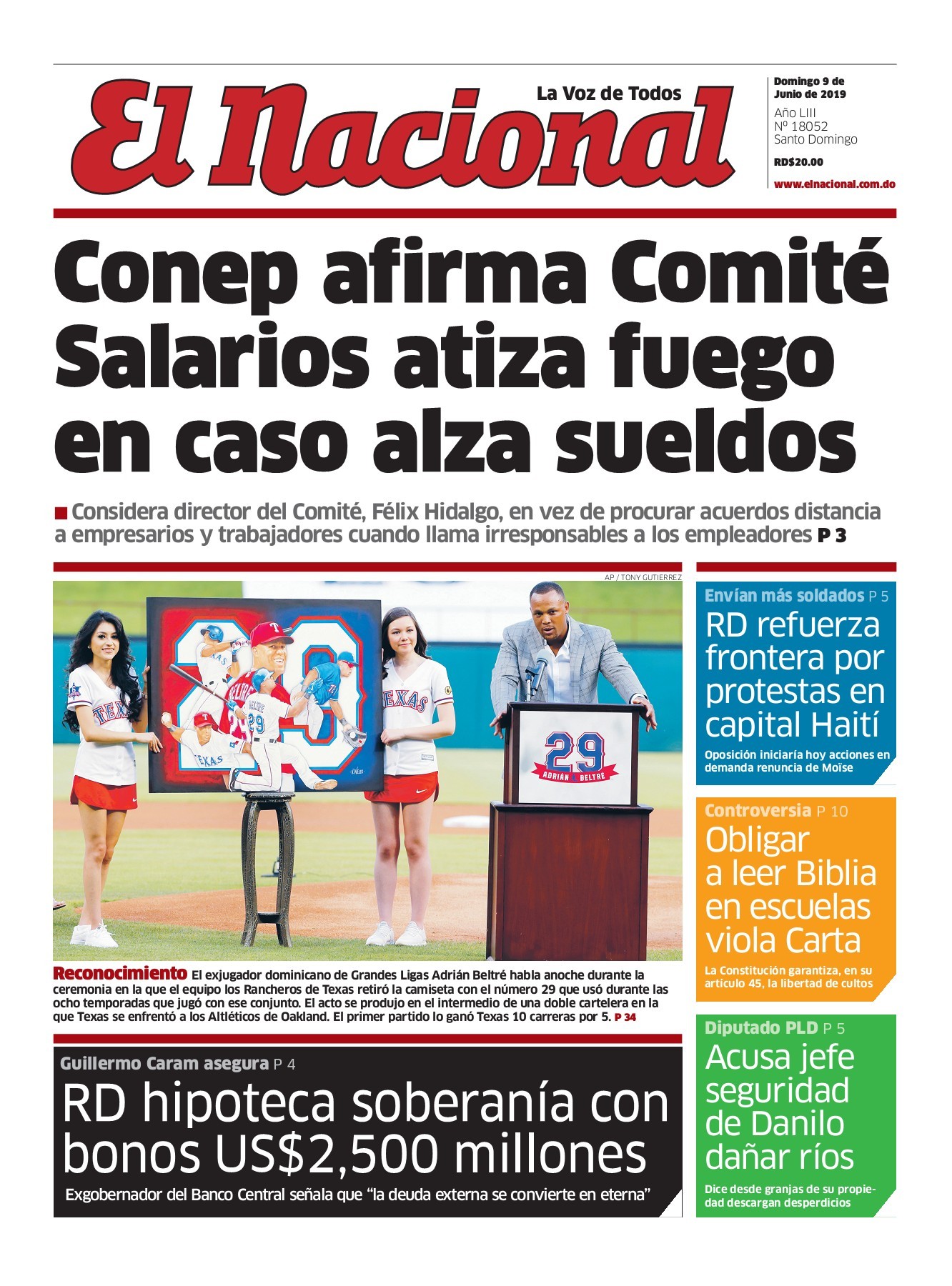 Portada Periódico El Nacional, Domingo 09 Junio 2019