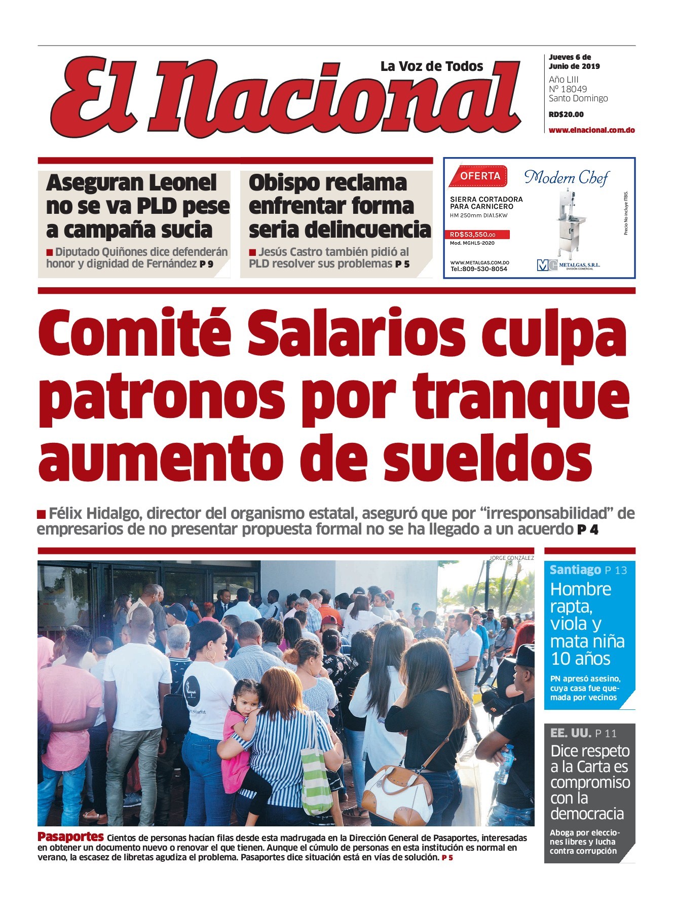 Portada Periódico El Nacional, Jueves 06 Junio 2019