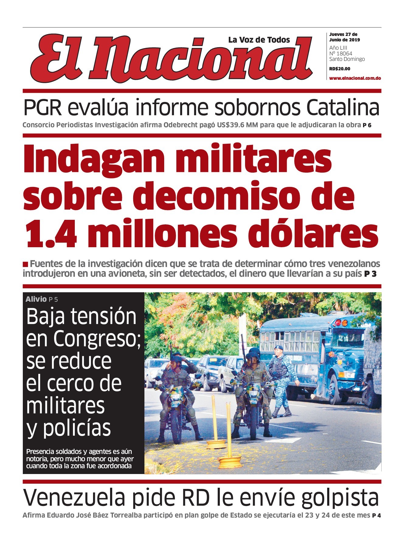 Portada Periódico El Nacional, Jueves 27 Junio 2019
