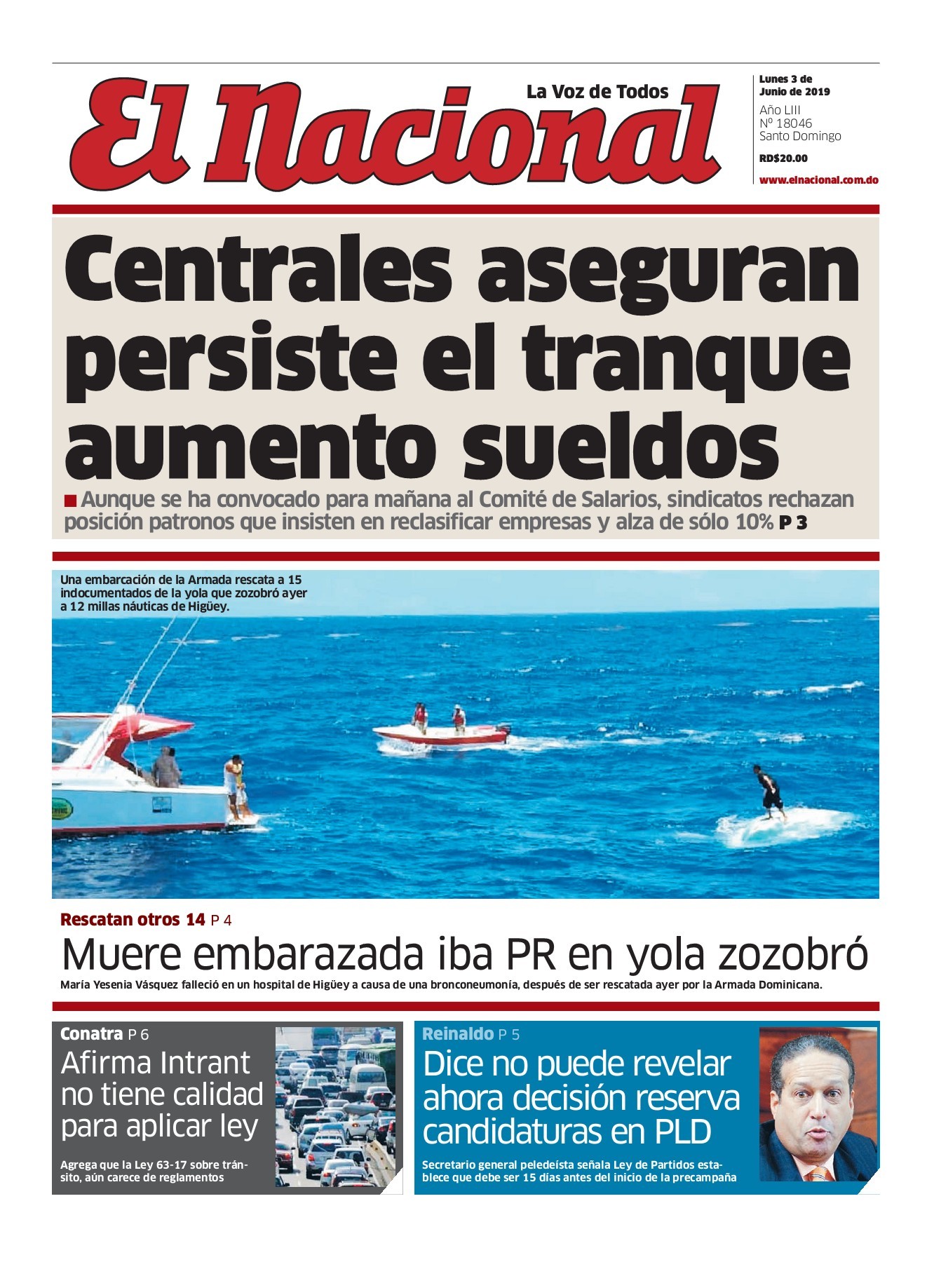 Portada Periódico El Nacional, Lunes 03 Junio 2019