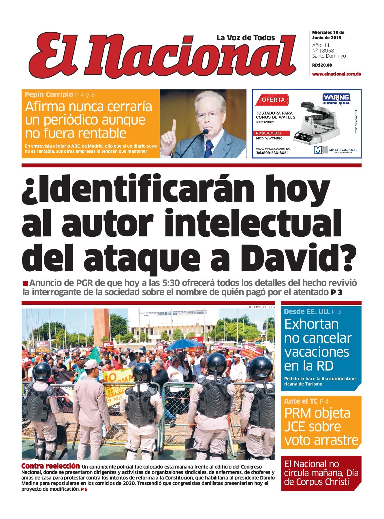 Portada Periódico El Nacional, Miércoles 19 Junio 2019