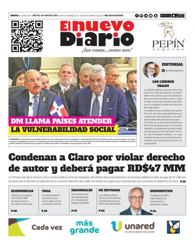 Portada Periódico El Nuevo Diario, Jueves 06 Junio 2019