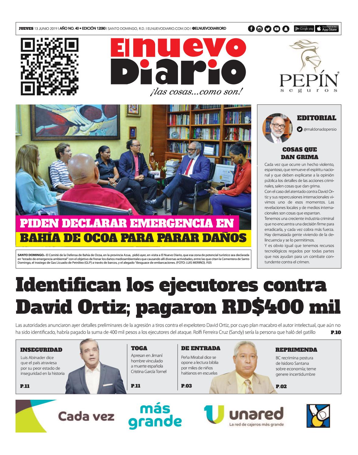 Portada Periódico El Nuevo Diario, Jueves 13 Junio 2019