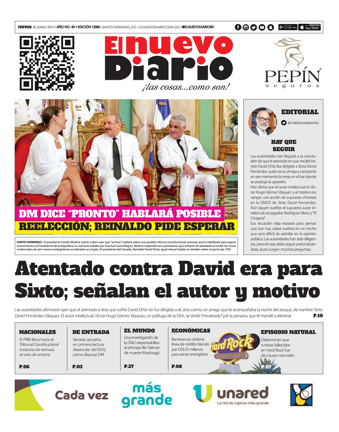 Portada Periódico El Nuevo Diario, Jueves 20 Junio 2019
