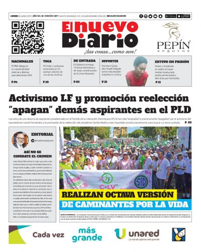 Portada Periódico El Nuevo Diario, Lunes 03 Junio 2019