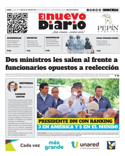 Portada Periódico El Nuevo Diario, Lunes 10 Junio 2019
