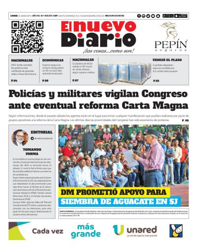 Portada Periódico El Nuevo Diario, Lunes 24 Junio 2019