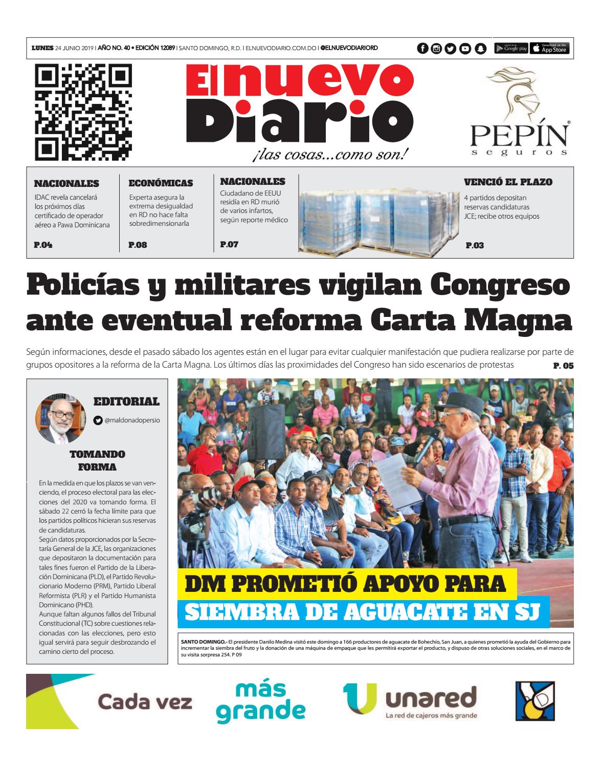 Portada Periódico El Nuevo Diario, Lunes 24 Junio 2019