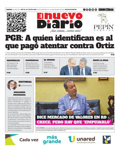 Portada Periódico El Nuevo Diario, Martes 18 Junio 2019