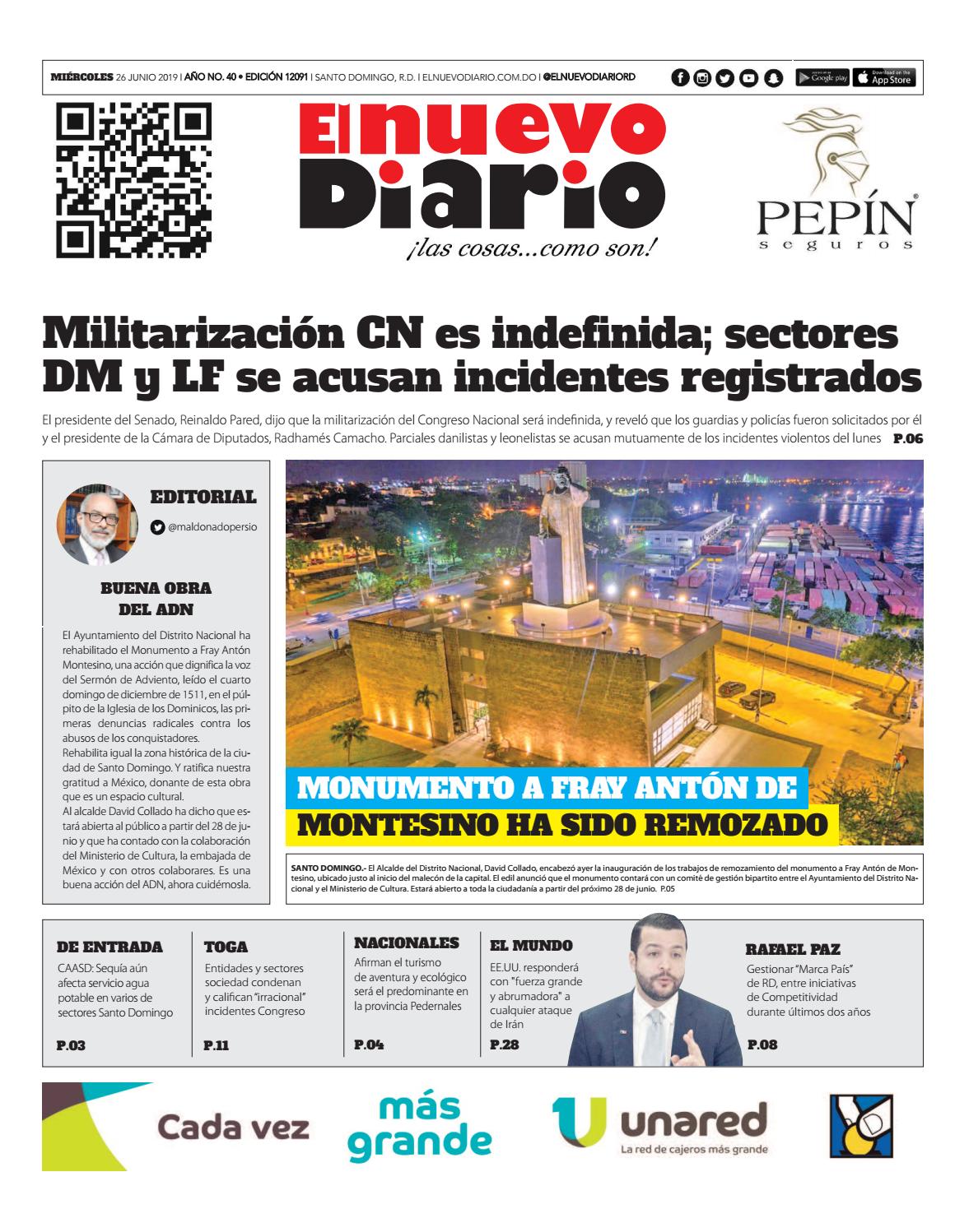 Portada Periódico El Nuevo Diario, Miércoles 26 Junio 2019