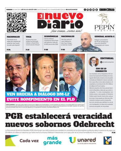 Portada Periódico El Nuevo Diario, Viernes 28 Junio 2019