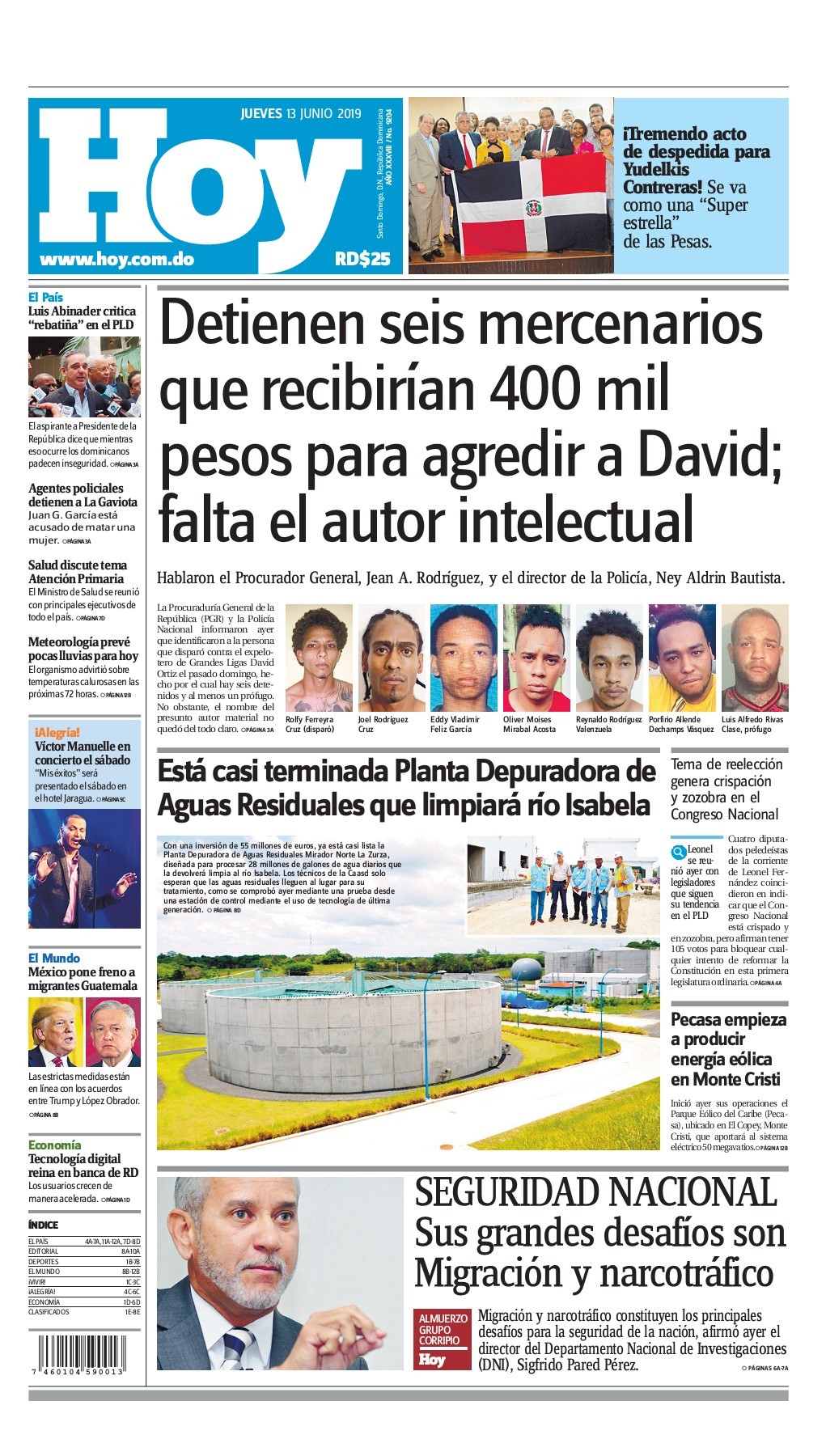 Portada Periódico Hoy, Jueves 13 Junio 2019