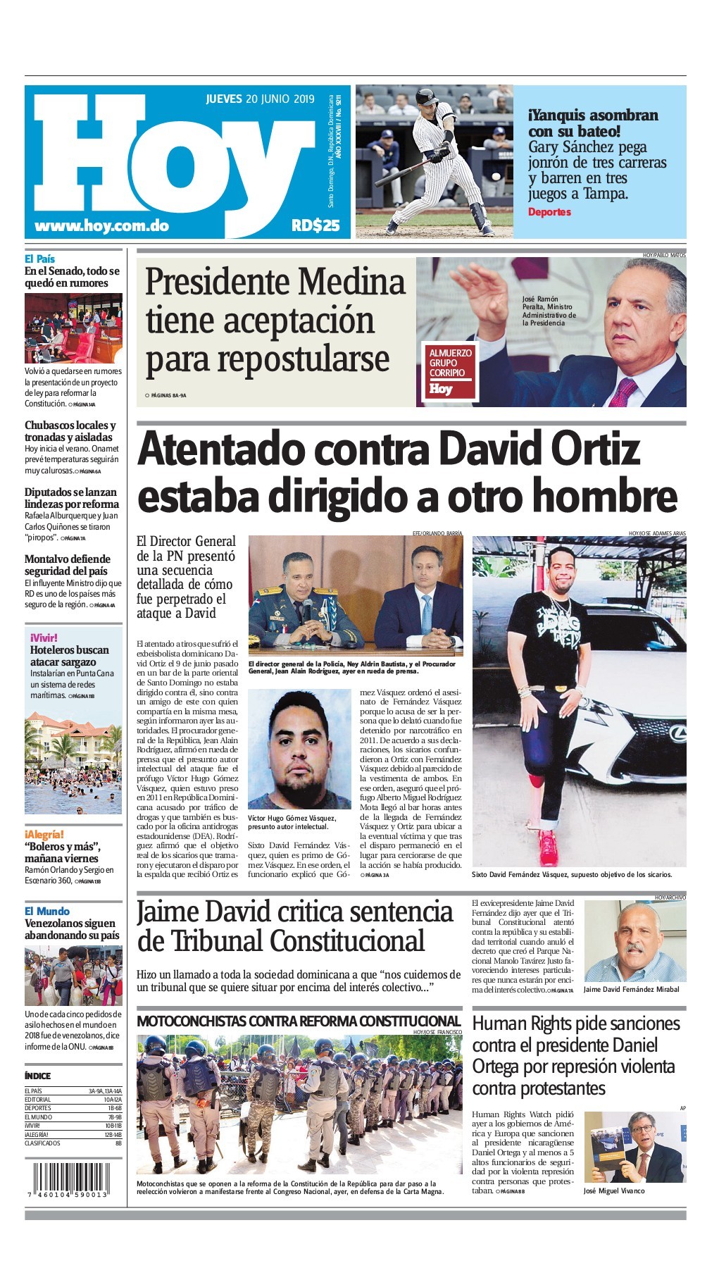 Portada Periódico Hoy, Jueves 20 Junio 2019