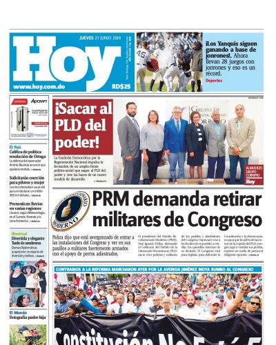 Portada Periódico Hoy, Jueves 27 Junio 2019