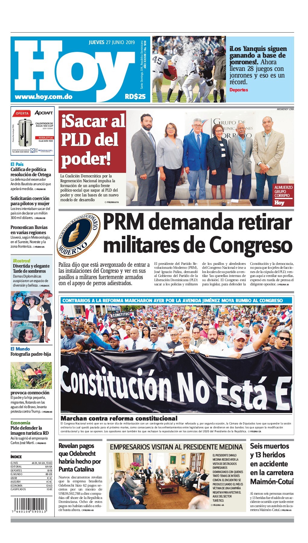 Portada Periódico Hoy, Jueves 27 Junio 2019