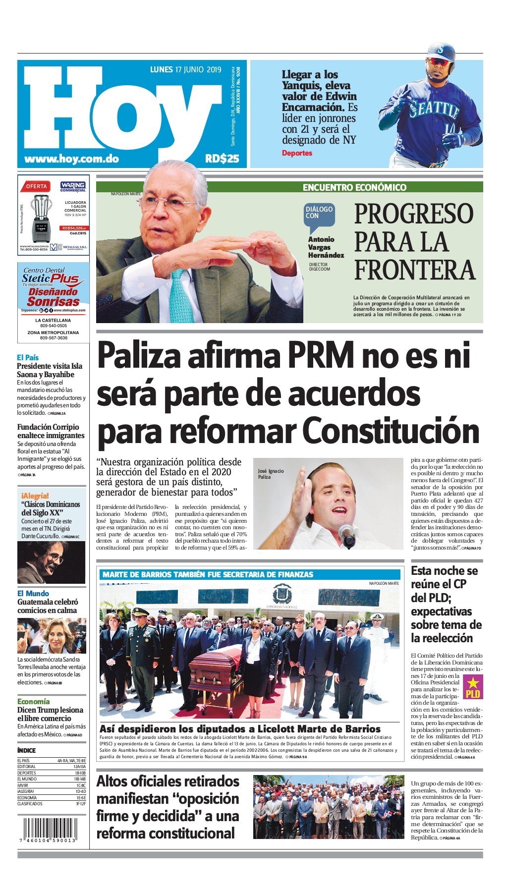 Portada Periódico Hoy, Lunes 17 Junio 2019