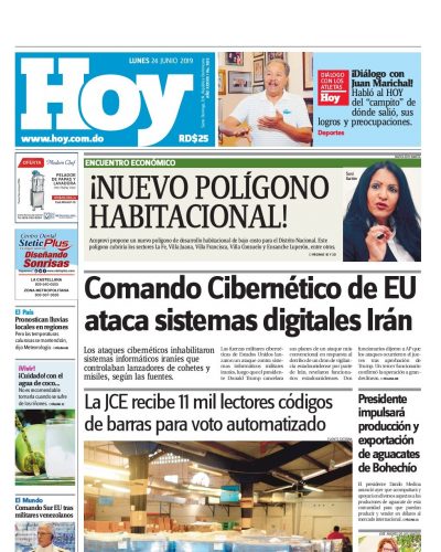 Portada Periódico Hoy, Lunes 24 Junio 2019
