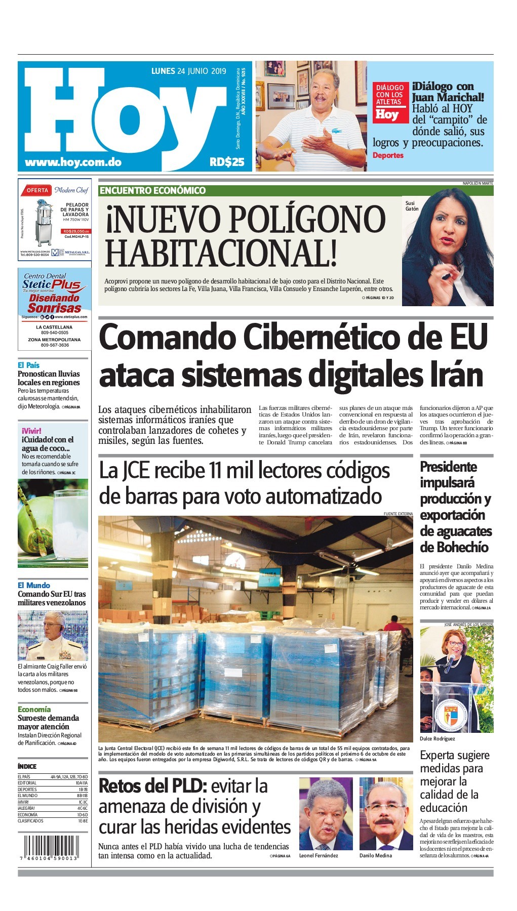 Portada Periódico Hoy, Lunes 24 Junio 2019