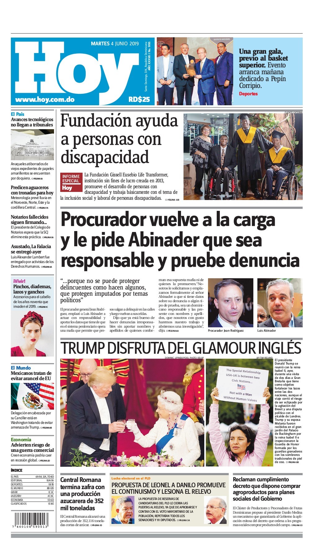 Portada Periódico Hoy, Martes 04 Junio 2019