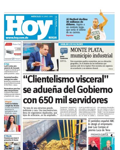 Portada Periódico Hoy, Miércoles 19 Junio 2019