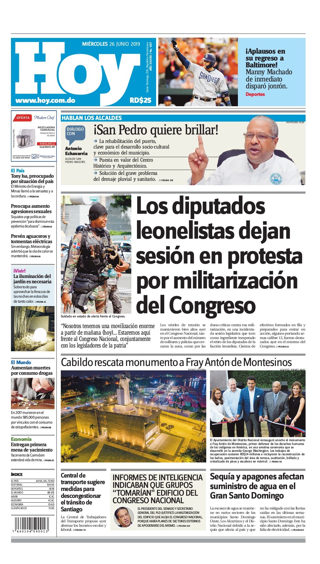 Portada Periódico Hoy, Miércoles 26 Junio 2019