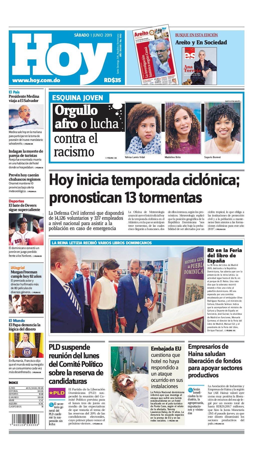 Portada Periódico Hoy, Sábado 01 Junio 2019