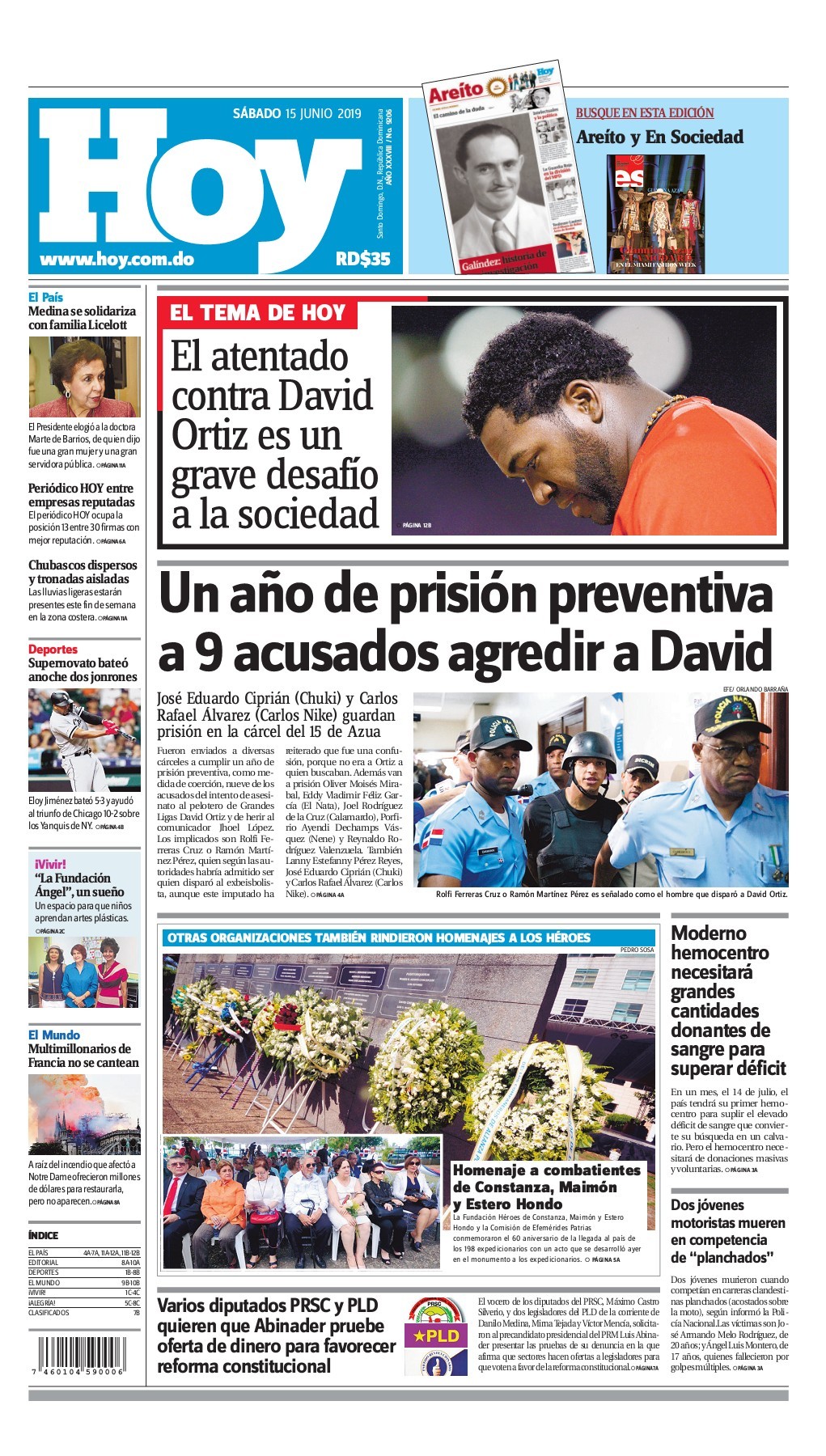 Portada Periódico Hoy, Sábado 15 Junio 2019
