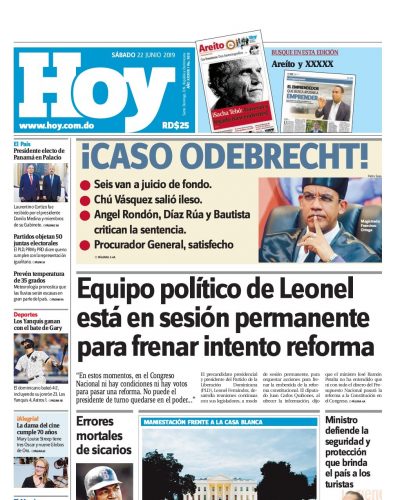 Portada Periódico Hoy, Sábado 22 Junio 2019