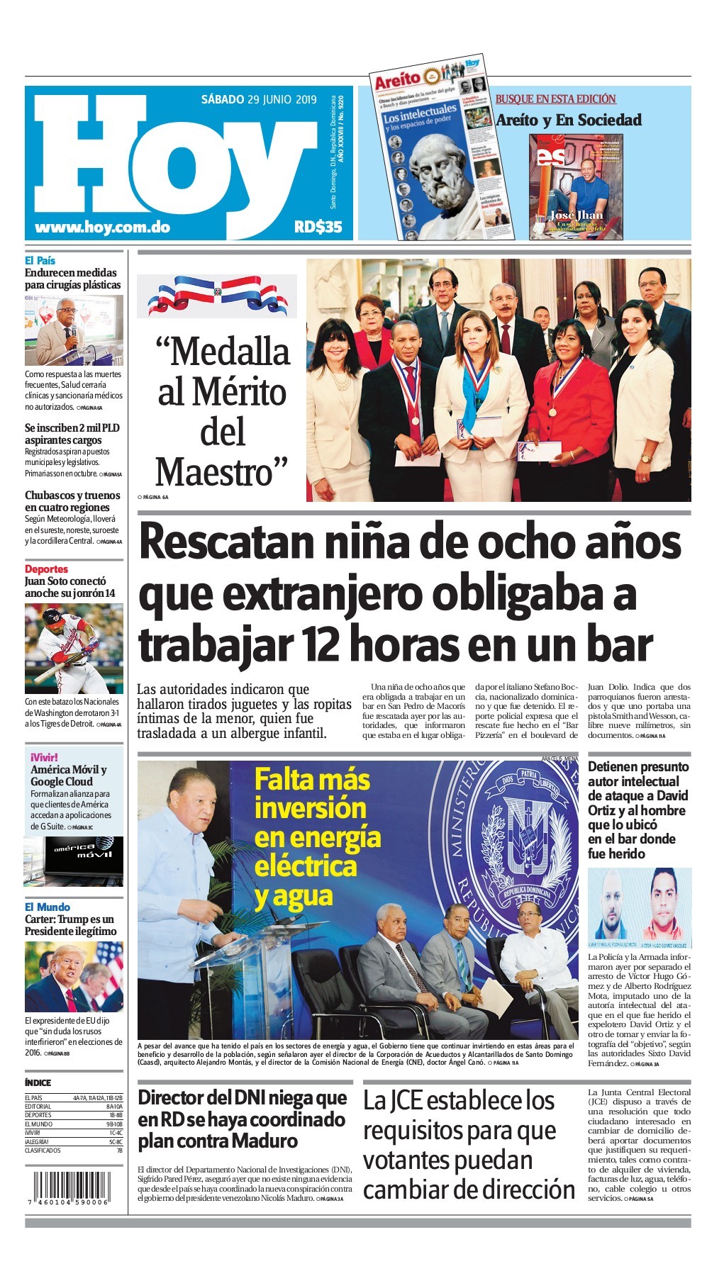 Portada Periódico Hoy, Sábado 29 Junio 2019