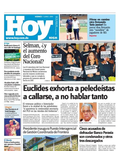 Portada Periódico Hoy, Viernes 07 Junio 2019