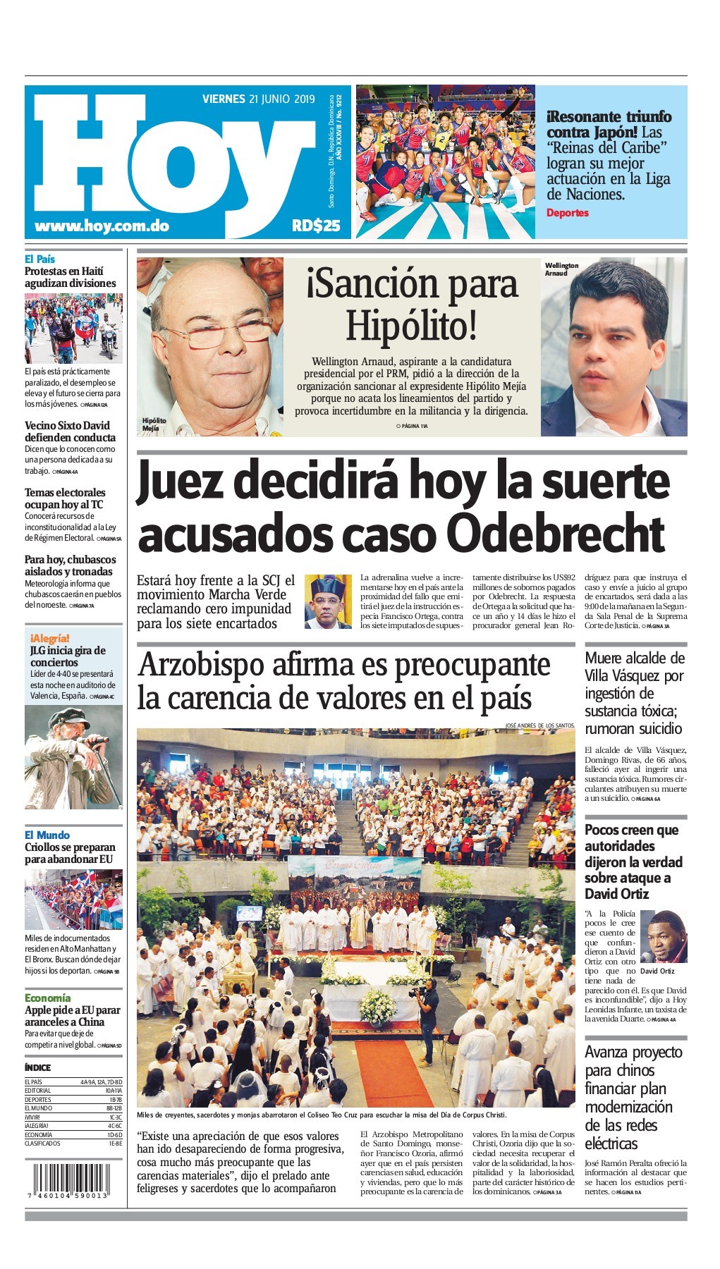 Portada Periódico Hoy, Viernes 21 Junio 2019