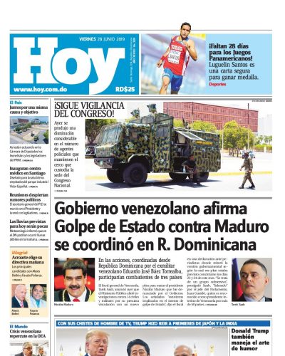 Portada Periódico Hoy, Viernes 28 Junio 2019