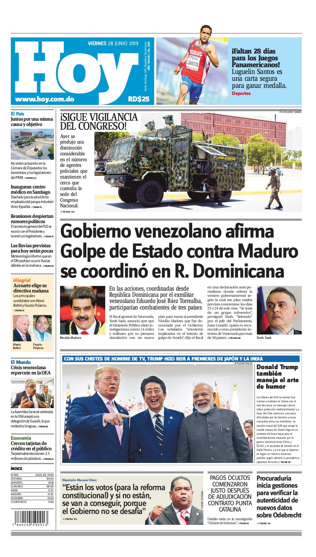 Portada Periódico Hoy, Viernes 28 Junio 2019