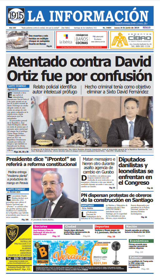 Portada Periódico La Información, Jueves 20 Junio 2019